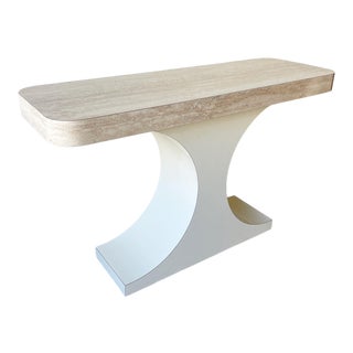 Art Deco Faux Travertine Top Console Table With Cream Pedestal Base For Sale