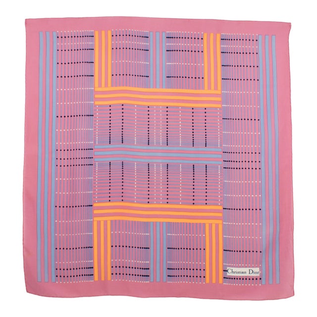 Christian Dior Paris Silk Scarf Geometric Print in Pink and Apricot For Sale