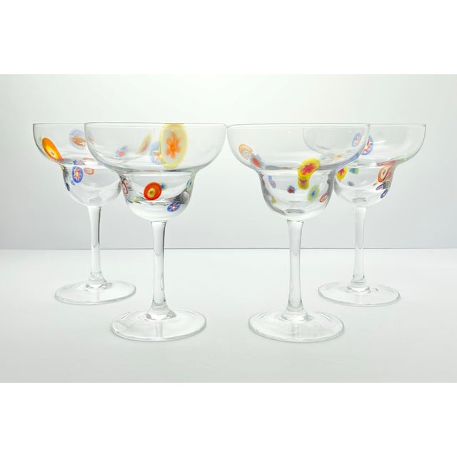 Set of 4 Colorful Millefiori Confetti Blown Glass Margarita Glasses 7 1/8” 14oz Good condition. No chips, cracks, or...