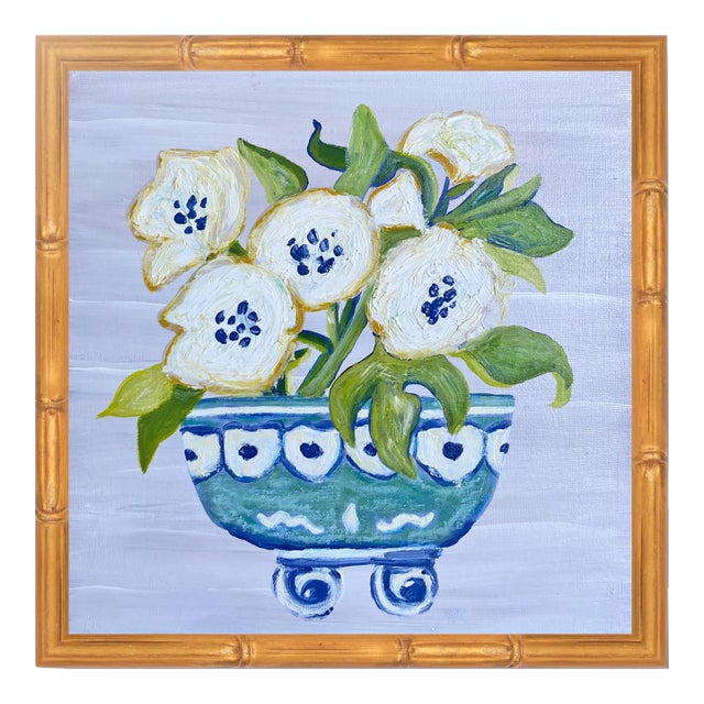 Original Framed Oil Acrylic Botanical Painting, Organic Boho Art Floral Wall Art, 13" X 13" by Tatiana Duperault For Sale