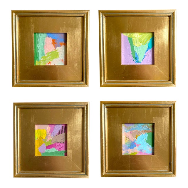 Curated Set of 4 Framed Mini Paintings in Pastel Tones For Sale