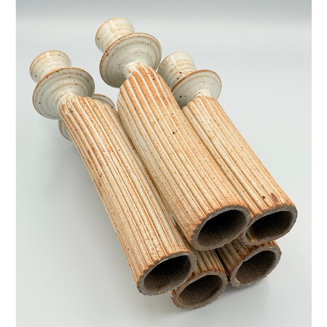 Ceramic 1960s Modernist Studio Pottery Speckled Ceramic Candelabra 5 Figures Candlesticks 10'' For Sale - Image 7 of 7