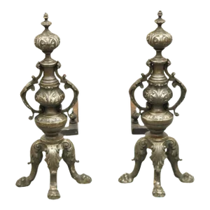 Antique French Empire Cast Iron & Silvered Bronze Paw Foot Andirons - a Pair