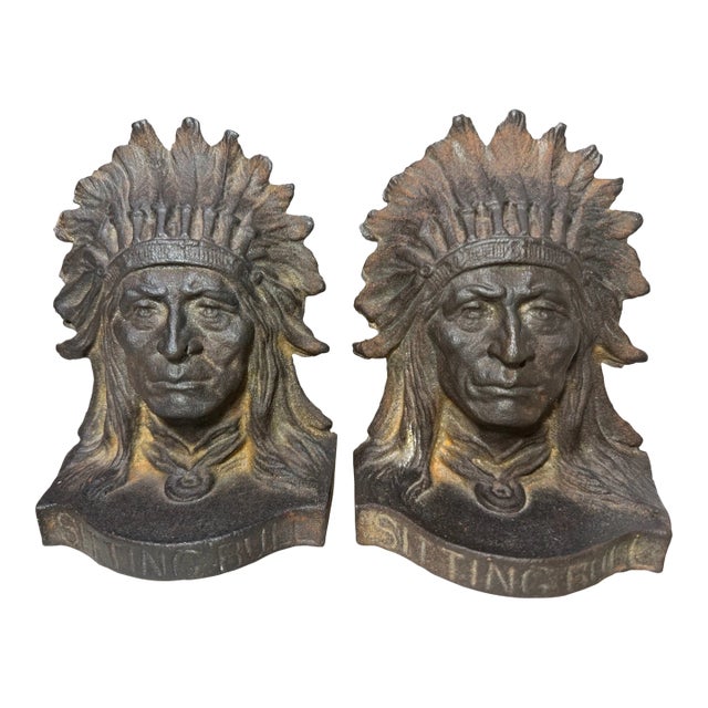 Pair Antique Sitting Bull Solid Cast Iron Figural Native American Chief Bookends For Sale