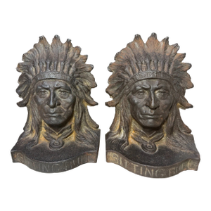 Pair Antique Sitting Bull Solid Cast Iron Figural Native American Chief Bookends