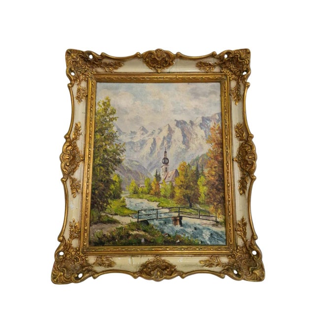 Landscape with Mountain, Nature and Church, 20th Century, Oil on Canvas, Framed For Sale - Image 9 of 9