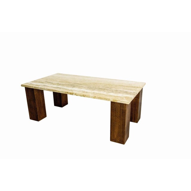 1960s Mid-Century Modern French Travertine & Oak Coffee Table, 1960s For Sale - Image 5 of 11
