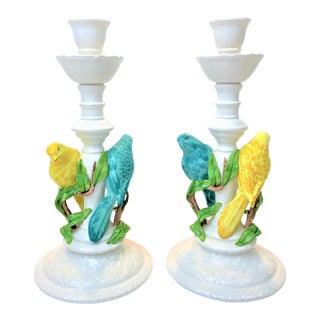 1960's Italian Majolica Parrot Candle Holders - a Pair For Sale