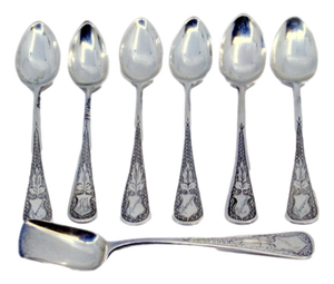 Coffee Spoons and Sugar Shovel in Guilloche Silver with Monogram Cards, Set of 6