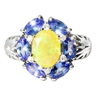 Late 20th Century 14K White Gold Diamond Tanzanite Opal Filigree Ring, Size 7 For Sale