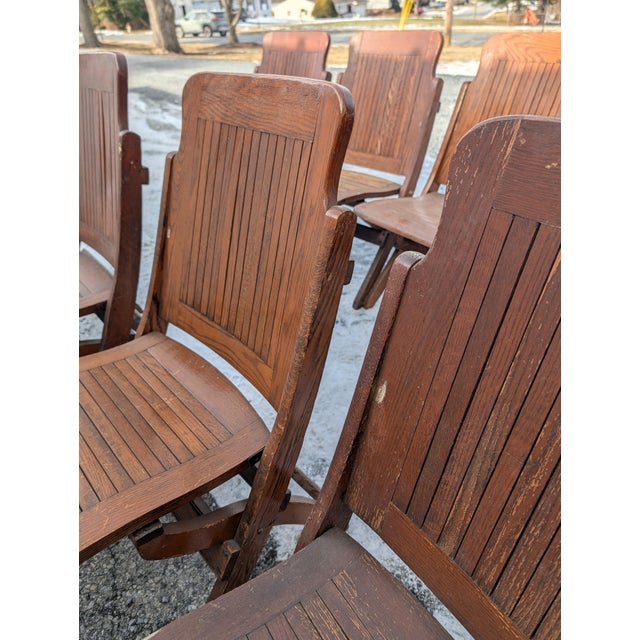 Antique Quartersawn Oak Folding Chairs, Steamboat Theater Seating, Set of 12 For Sale - Image 15 of 18