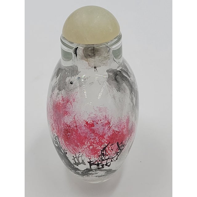 Pink Vintage Chinese Inside-Painted Glass Snuff Bottle Fisherman & Pink Blossom Landscape For Sale - Image 8 of 11