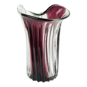 Murano Fratelli Toso Vintage Purple Stripe Italian Art Glass Scroll Edge Midcentury Flower Vase