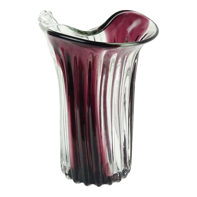 Vintage Murano Fratelli Toso Purple Stripe Italian Art Glass Scroll Edge Midcentury Flower Vase For Sale