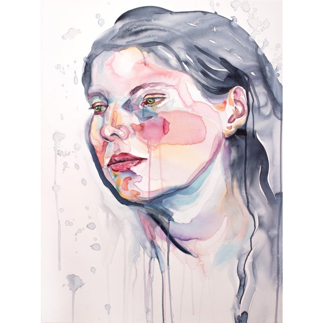"Pining" Contemporary Original Abstract Portrait Watercolor Painting on Canvas by Elizabeth Becker For Sale