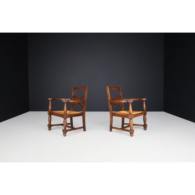 French Art Deco Armchairs in Oak and Rush, 1930s, Set of 2 For Sale - Image 4 of 14