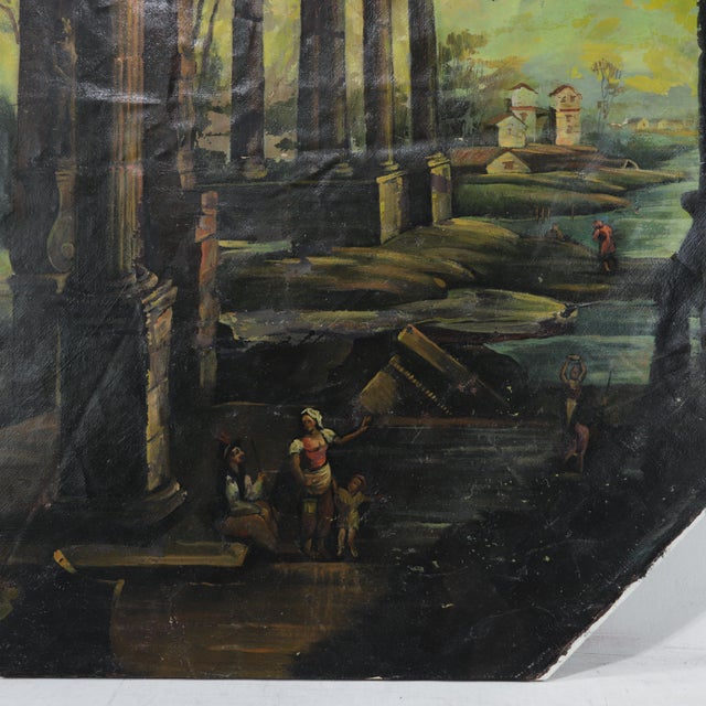 Mid 20th Century Vintage Octagonal Oil Painting - Classical Roman Ruins Capriccio Landscape For Sale - Image 5 of 11