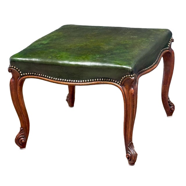French Ottoman or Stool of Emerald Green Leather on Cabriole Legs For Sale - Image 12 of 15