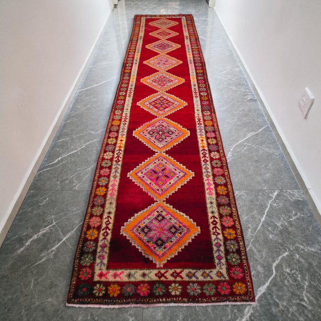 Farmhouse 1960s Turkish Hand-Knotted Runner Rug Kitchen Hallway Decor Red & Pink 3x13 Ft Approx For Sale - Image 3 of 16