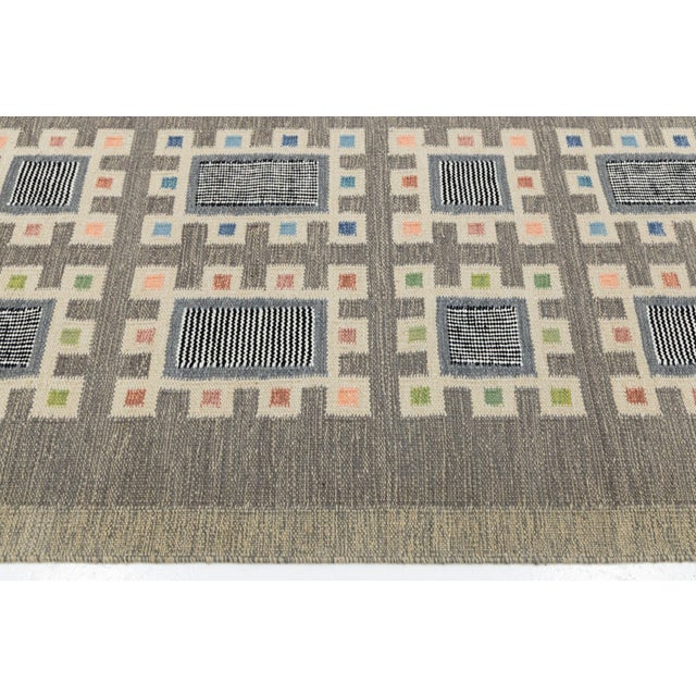 2020s Nordic Geometric Handmade Wool Flatweave Rug in Charcoal, Off-White, and Pastels For Sale - Image 5 of 12