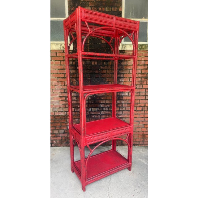 Transform your living space with this stunning vintage rattan etagere bookcase, newly painted in our Turtle and Crane...