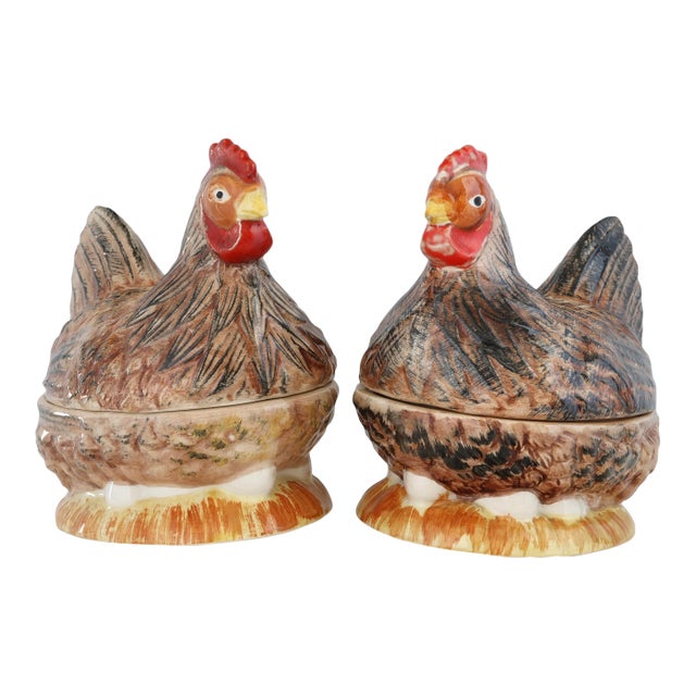 Midcentury French Majolica Hen Pâté Dishes For Sale