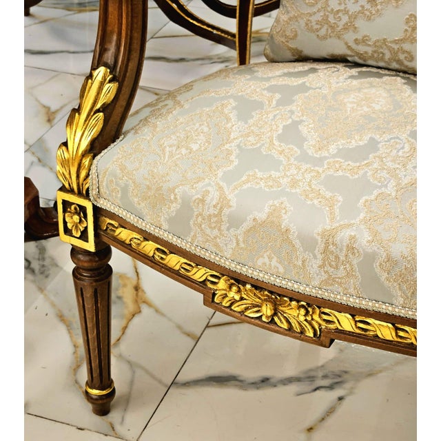 French Louis XVI Damask Accent Armchair With Hand-Carved Wood Frame & Gold Leaf Details For Sale - Image 4 of 6