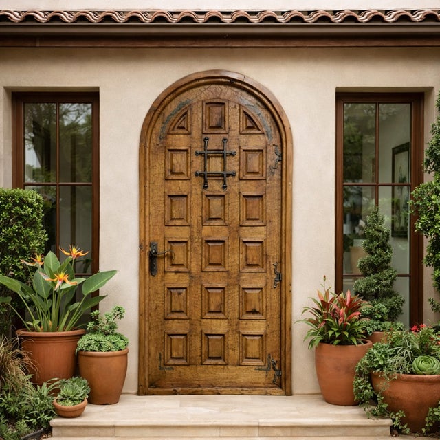Handcrafted Solid Wood Rustic Arched Door – Custom Spanish Colonial Design Made to Order For Sale - Image 4 of 17