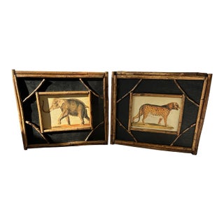 British Colonial Style Elephant and Leopard Prints in Bamboo-Style Wood Frames Safari Decor — A Pair For Sale