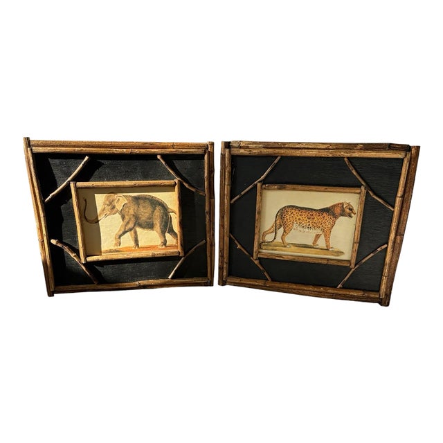 British Colonial Style Elephant and Leopard Prints in Bamboo-Style Wood Frames Safari Decor — A Pair For Sale