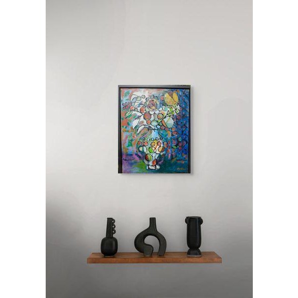 Bright and vibrant oil painting on canvas. The painting is of a beautiful bouquet of flowers in a sculptural vase. All of...