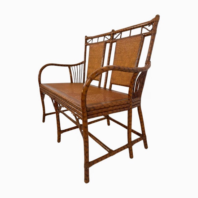 Hollywood Regency Vintage Tortoiseshell Faux Bamboo & Cane Loveseat Bench For Sale - Image 3 of 8