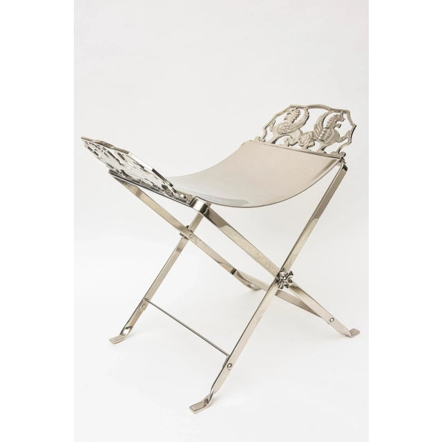 Metal Vintage Art Deco Nickeled Silver Over Iron Griffin and Gargoyle Bench With White Crocodile Pattern Loose Cushion Restored For Sale - Image 7 of 12