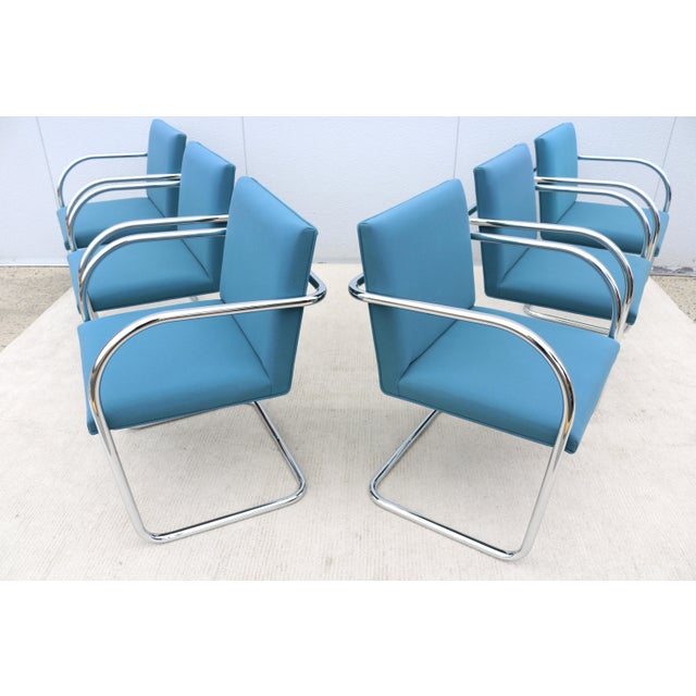 MCM Ludwig Mies Van Der Rohe Brno Tubular Chairs Blue Fabric by Gordon, Set of 6 For Sale - Image 13 of 18