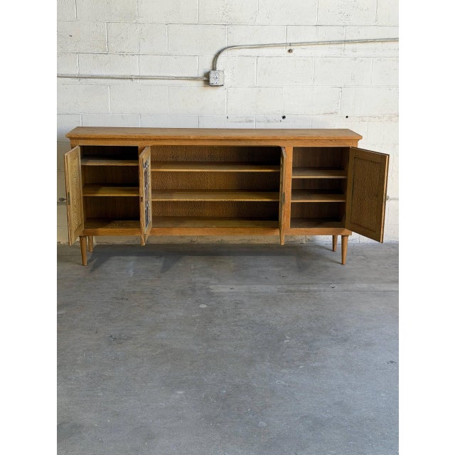 Mid-Century Modern Vintage Danish Oak Sideboard Cabinet in Style of Henning, Brutalist Leaded Glass Credenza For Sale - Image 3 of 10