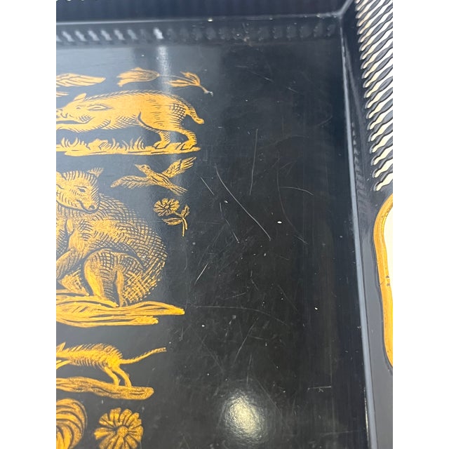 Black & Gold Tole Tray – Hollywood Regency Hunt Scene, Fornasetti Style, Large Decorative Tray For Sale - Image 6 of 10