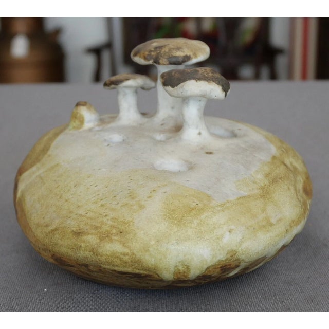 Contemporary Vintage Circa 1970 Contemporary Style Stoneware Art Pottery Mushrooms on Rock Weed Pot Vessel For Sale - Image 3 of 6