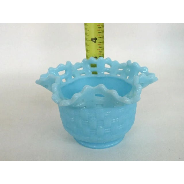 Fenton Basket Weave Style Blue Satin Glass Open Lace Edge Bowl Vase For Sale - Image 4 of 11