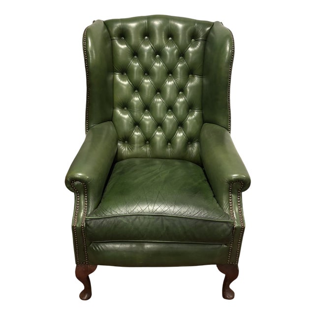 Vintage Forest Green Leather Wingchair For Sale