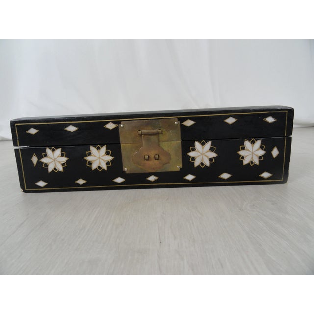 20th Century Asian Jewelry Box with Mother-Of-Pearl design on top and sides. Felt interior with mirror. Original hardware.