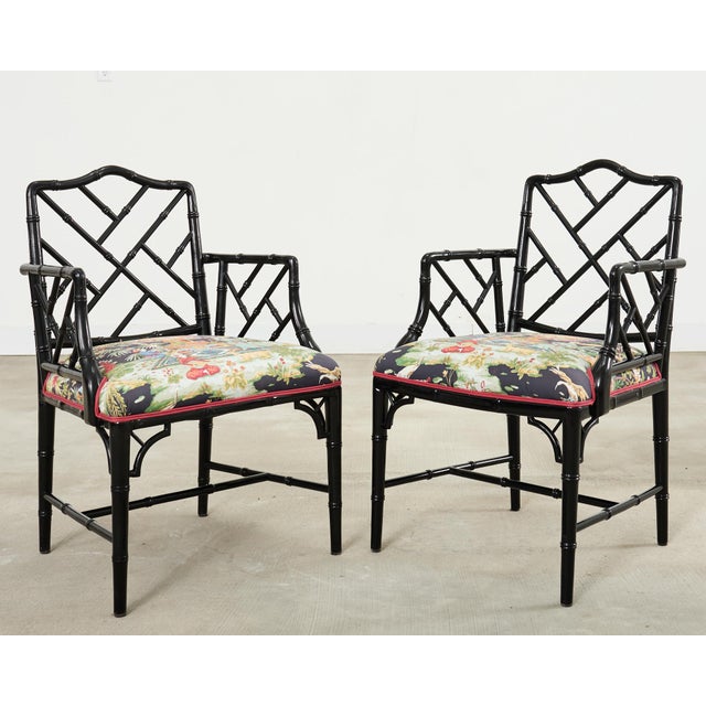Set of Ten Chinese Chippendale Lacquered Faux Bamboo Dining Chairs For Sale - Image 4 of 18