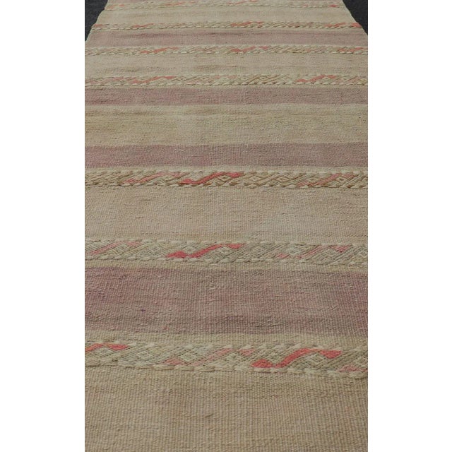 Vintage Hand Woven Turkish Kilim Runner with Stripes Purple, Taupe, and Tan. Keivan Woven Arts / rug EN-112239, country of...