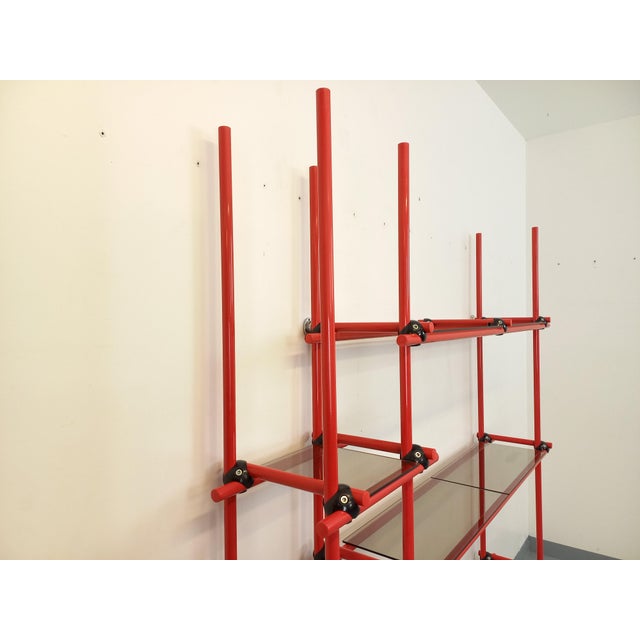 1970s Vintage Italian Bauhaus Style Bookcase in Red Metal and Smoked Glass, 1970s For Sale - Image 5 of 15
