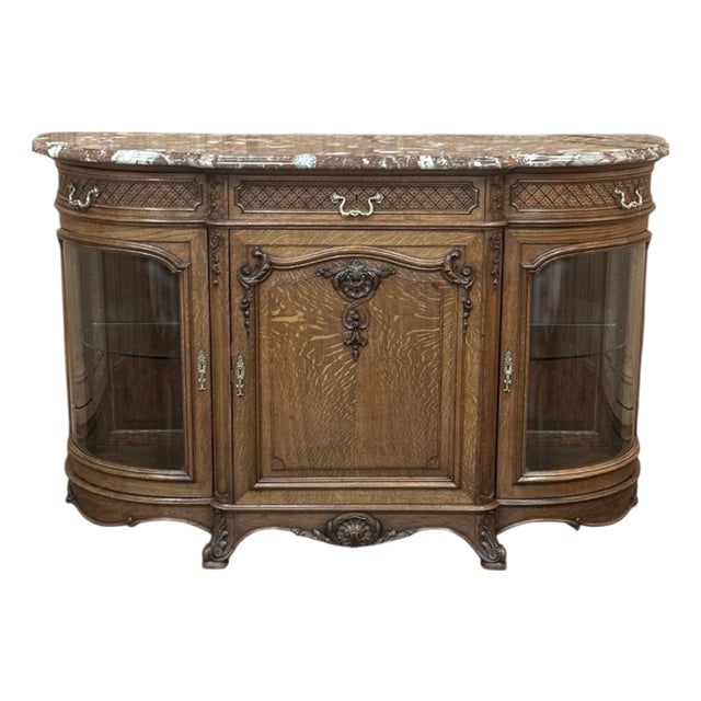 Late 19th Century Liégeois Régence Style Oak Display Buffet With Rouge Griotte Breccia Marble Top For Sale