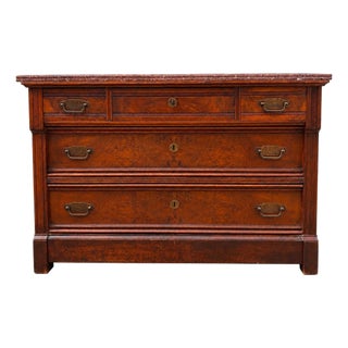 Antique American Black Walnut Burl Victorian Marble Top Dresser With Original Nautical Brass Hardware, Circa 1895–1905 For Sale