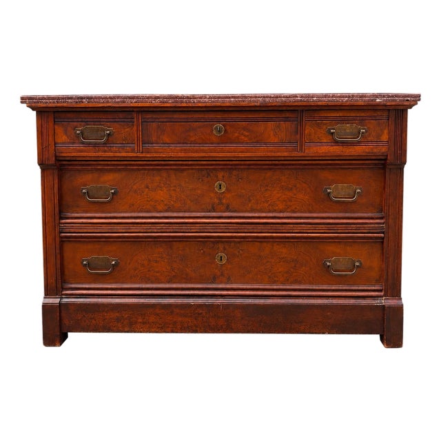 Antique American Black Walnut Burl Victorian Marble Top Dresser With Original Nautical Brass Hardware, Circa 1895–1905 For Sale
