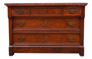 Antique American Black Walnut Burl Victorian Marble Top Dresser With Original Nautical Brass Hardware, Circa 1895–1905