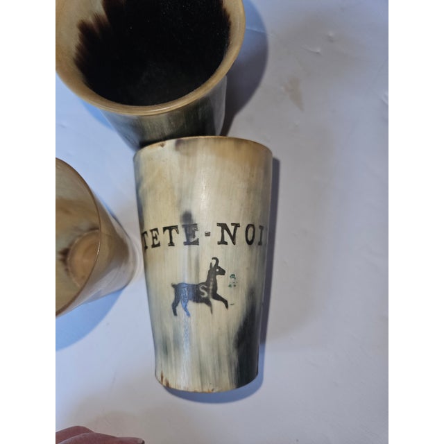 Attractive Set of Horn Cups. One has an engraved goat! Largest is 3.5" smallest blonder one is 3". Great condition.