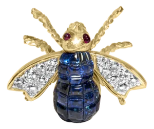 18K Yellow Gold 3/8 Cttw Diamond and 5 4/5 Cttw Blue Sapphire Bumblebee Brooch Pin (F-G Color, VS2-SI1 Clarity)