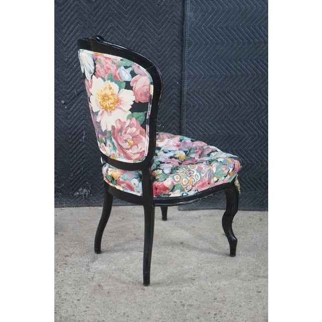 Early 20th Century 4 Antique French Louis XV Style Ebonized Dining Chairs Boussac Fabric Ormolu For Sale - Image 5 of 13